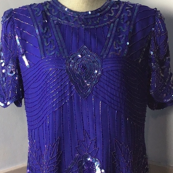 Vintage Laurence Kazar Blue Silk Sequined Scalloped Blouse size Large - Picture 2 of 8